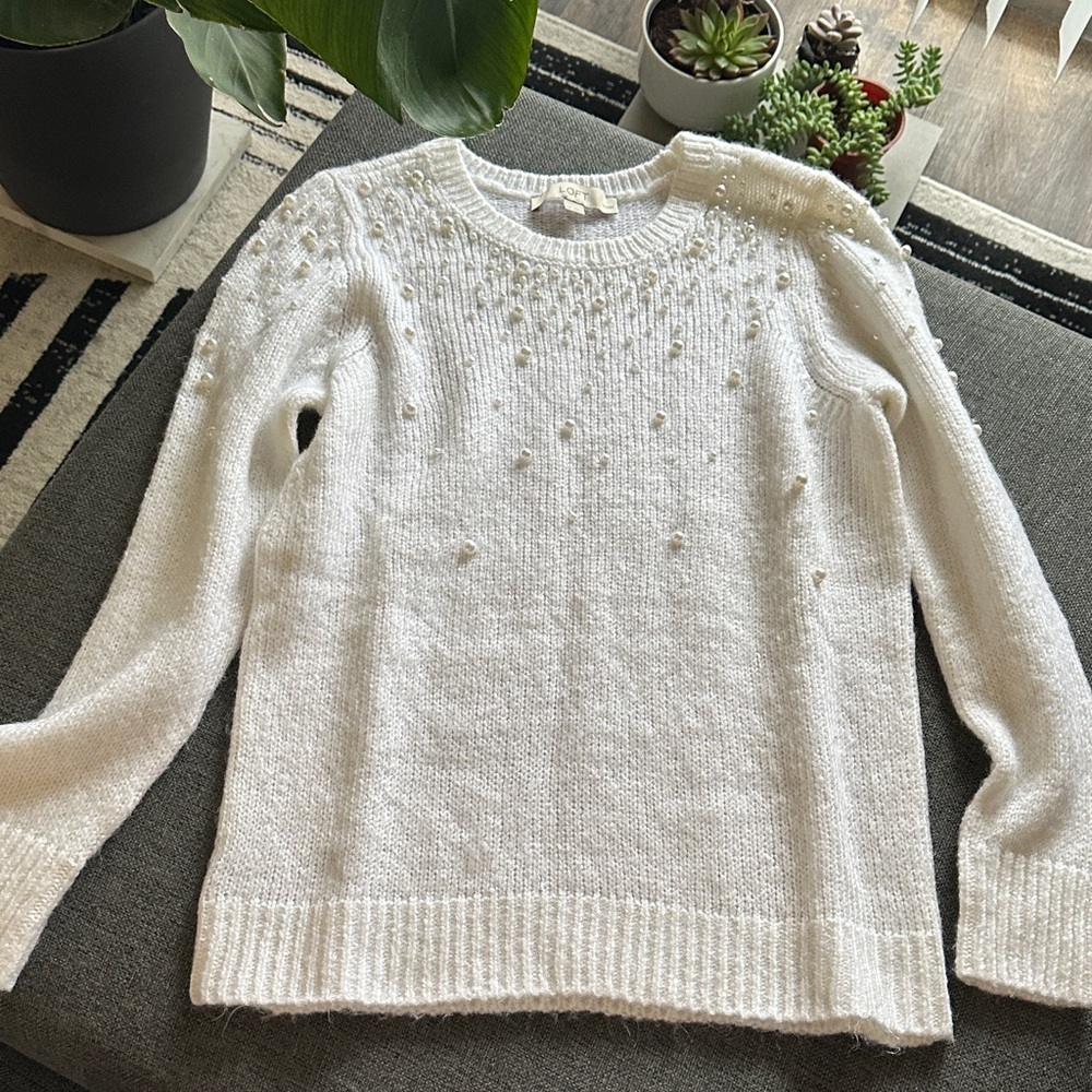 LOFT White Sweater with Pearl Accents